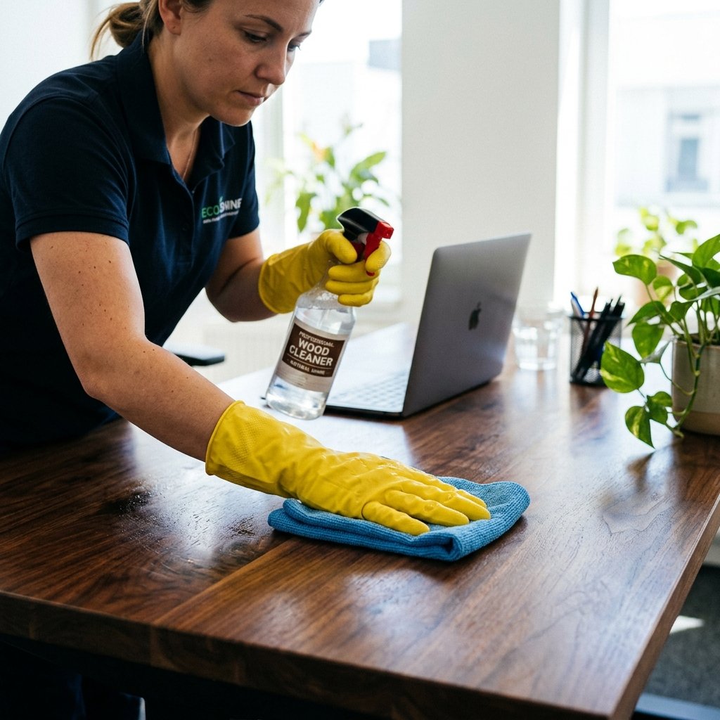 Close-up of cleaner wiping surface with blue cloth and yellow gloves