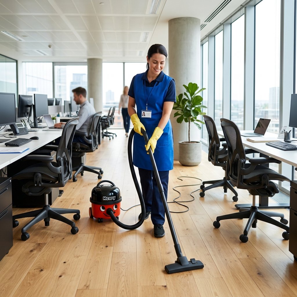 Professional female cleaner in NSW vacuuming office space